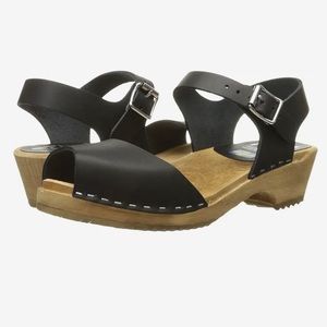 MIA Black Leather Mules with Wooden Sole and Buckle